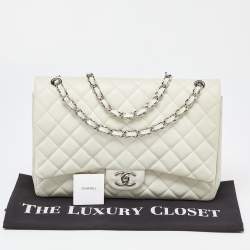 Pre Owned Chanel Off White Quilted Caviar Leather Maxi Classic Double Flap Bag