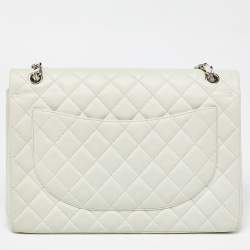 Pre Owned Chanel Off White Quilted Caviar Leather Maxi Classic Double Flap Bag