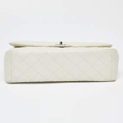 Pre Owned Chanel Off White Quilted Caviar Leather Maxi Classic Double Flap Bag