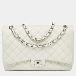 Pre Owned Chanel Off White Quilted Caviar Leather Maxi Classic Double Flap Bag