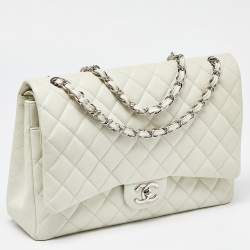 Pre Owned Chanel Off White Quilted Caviar Leather Maxi Classic Double Flap Bag