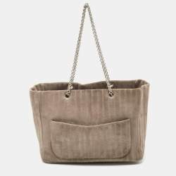 Pre Owned Chanel Grey Vertical Quilted Suede Large Mademoiselle Tote