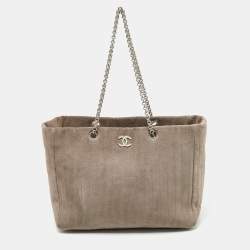 Pre Owned Chanel Grey Vertical Quilted Suede Large Mademoiselle Tote