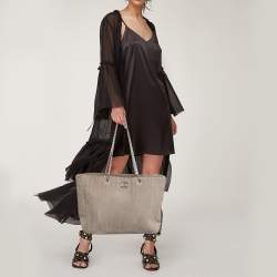 Pre Owned Chanel Grey Vertical Quilted Suede Large Mademoiselle Tote