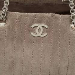 Pre Owned Chanel Grey Vertical Quilted Suede Large Mademoiselle Tote