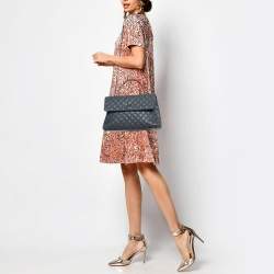 Pre Owned Chanel Grey/Red Caviar Leather and Lizard Leather Medium Coco Top Handle Bag