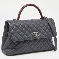 Pre Owned Chanel Grey/Red Caviar Leather and Lizard Leather Medium Coco Top Handle Bag