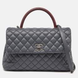 Pre Owned Chanel Grey/Red Caviar Leather and Lizard Leather Medium Coco Top Handle Bag