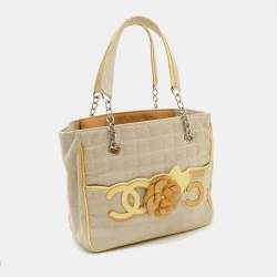 Pre Owned Chanel Beige/Yellow Canvas and Patent Leather Camellia No.5 Tote