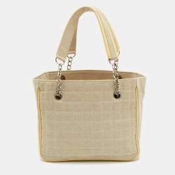 Pre Owned Chanel Beige/Yellow Canvas and Patent Leather Camellia No.5 Tote