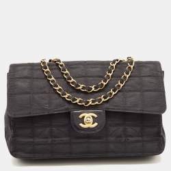 Pre Owned Chanel Black Cube Quilted Printed Fabric Medium CC Travel Line Flap Bag