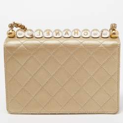 Pre Owned Chanel Gold Quilted Leather Small Chic Pearls Flap Bag