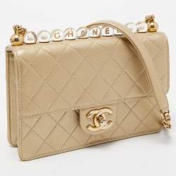 Pre Owned Chanel Gold Quilted Leather Small Chic Pearls Flap Bag