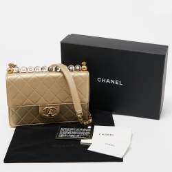 Pre Owned Chanel Gold Quilted Leather Small Chic Pearls Flap Bag