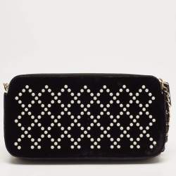 Pre Owned Chanel Black Quilted Pearl Velvet Double Zip Clutch Bag