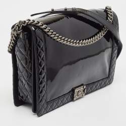 Pre Owned Chanel Black Patent Leather Large Reverso Boy Flap Bag