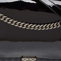 Pre Owned Chanel Black Patent Leather Large Reverso Boy Flap Bag