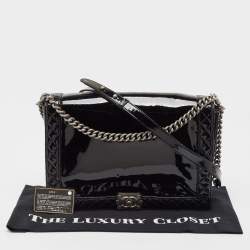 Pre Owned Chanel Black Patent Leather Large Reverso Boy Flap Bag