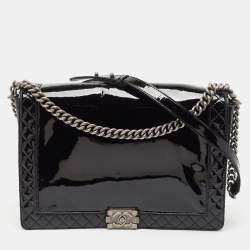 Pre Owned Chanel Black Patent Leather Large Reverso Boy Flap Bag