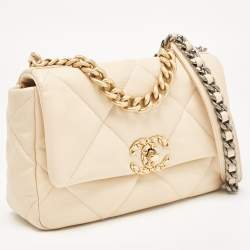 Pre Owned Chanel Beige Quilted Leather Medium 19 Flap Bag