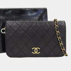 Chanel Black Leather Vintage Quilted Wallet On Chain