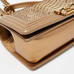 Pre Owned Chanel Metallic Gold Python and Leather Medium Boy Flap Bag