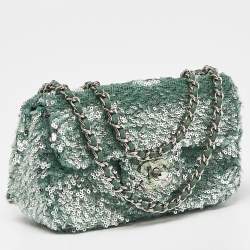 مملوكة مسبقًا Chanel Green Sequins and Satin Mini Square Classic Flap Bag
