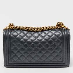 Pre Owned Chanel Dark Grey Shimmer Leather Medium Boy Bag