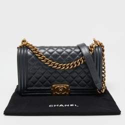 Pre Owned Chanel Dark Grey Shimmer Leather Medium Boy Bag