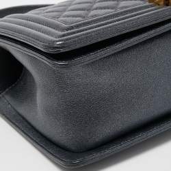 Pre Owned Chanel Dark Grey Shimmer Leather Medium Boy Bag