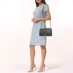 Pre Owned Chanel Dark Grey Shimmer Leather Medium Boy Bag