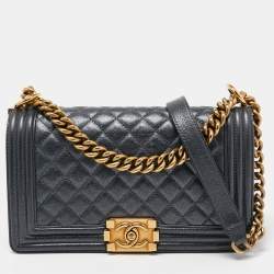 Pre Owned Chanel Dark Grey Shimmer Leather Medium Boy Bag
