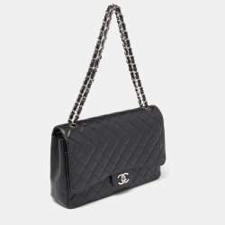 Pre Owned Chanel Black Quilted Caviar Leather Maxi Classic Double Flap Bag