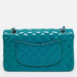 Pre Owned Chanel Teal Blue Quilted Patent Leather Medium Classic Double Flap Bag