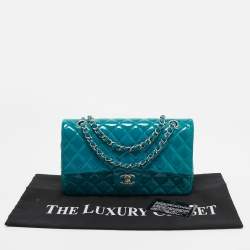 Pre Owned Chanel Teal Blue Quilted Patent Leather Medium Classic Double Flap Bag