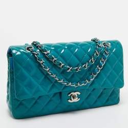 Pre Owned Chanel Teal Blue Quilted Patent Leather Medium Classic Double Flap Bag