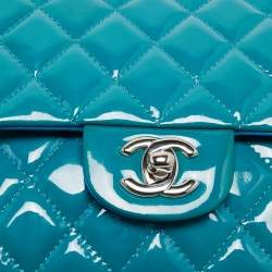 Pre Owned Chanel Teal Blue Quilted Patent Leather Medium Classic Double Flap Bag