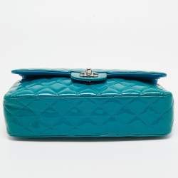 Pre Owned Chanel Teal Blue Quilted Patent Leather Medium Classic Double Flap Bag