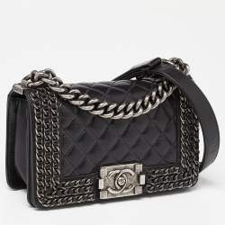 Pre Owned Chanel Black Quilted Leather Small Boy Chained Flap Bag