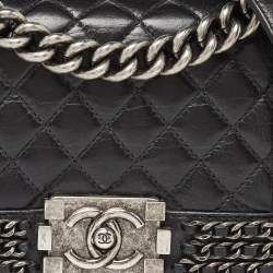 Pre Owned Chanel Black Quilted Leather Small Boy Chained Flap Bag