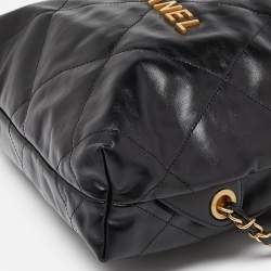 Pre Owned Chanel Black Shiny Quilted Leather 22 Backpack