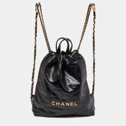 Pre Owned Chanel Black Shiny Quilted Leather 22 Backpack