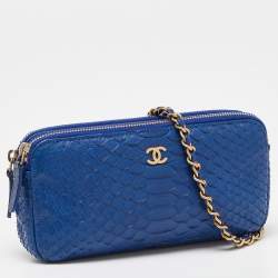 Pre Owned Chanel Blue Python Double Zip Chain Clutch