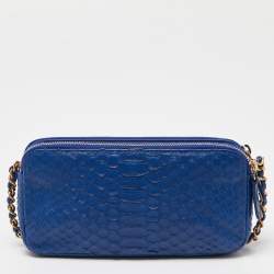 Pre Owned Chanel Blue Python Double Zip Chain Clutch
