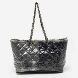 Chanel Grey Quilted Vinyl and Tweed Funny Patchwork Tote