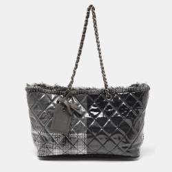 Pre Owned Chanel Grey Quilted Vinyl and Tweed Funny Patchwork Tote