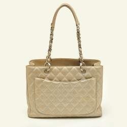 Pre Owned Chanel Pearl White Quilted Caviar Leather GST Shopper Tote