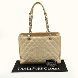 Pre Owned Chanel Pearl White Quilted Caviar Leather GST Shopper Tote