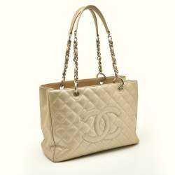 Pre Owned Chanel Pearl White Quilted Caviar Leather GST Shopper Tote