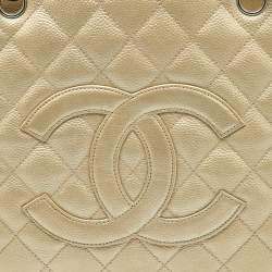 Pre Owned Chanel Pearl White Quilted Caviar Leather GST Shopper Tote